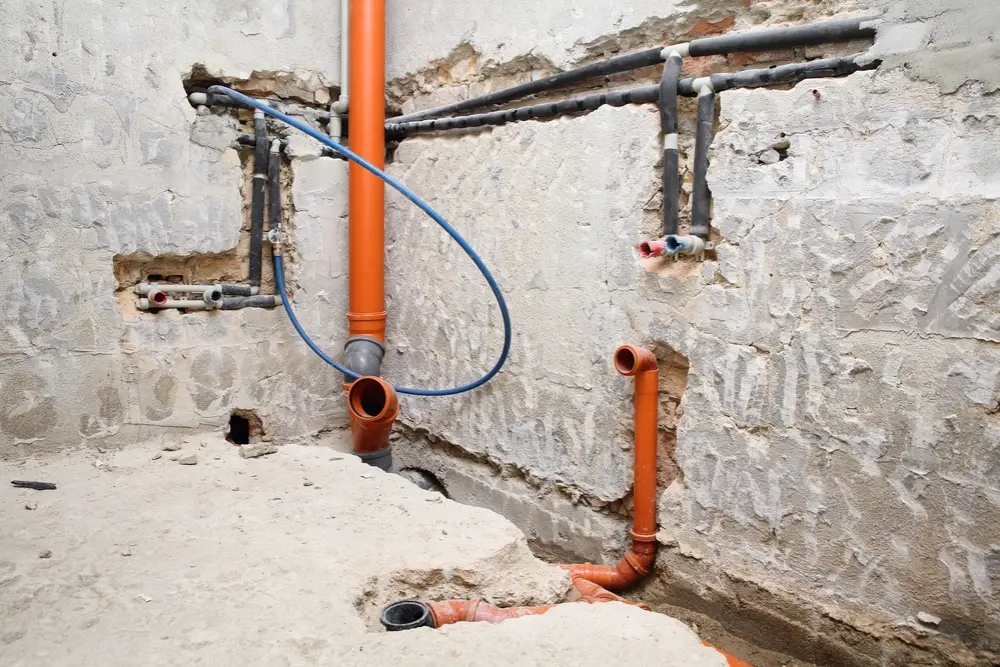 Plumber preparing rough-in lines for sinks, toilets, and drains in a commercial building under construction.