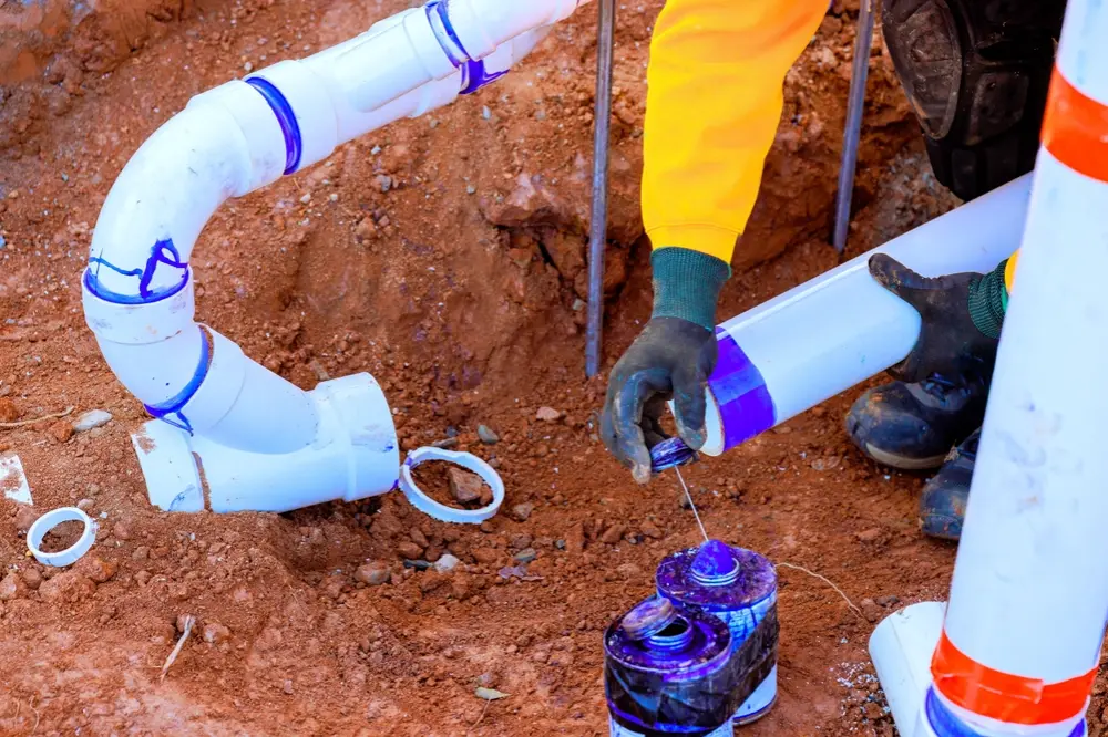 Close-up of a corroded section of water line being replaced by a Poly-B Plumbing technician