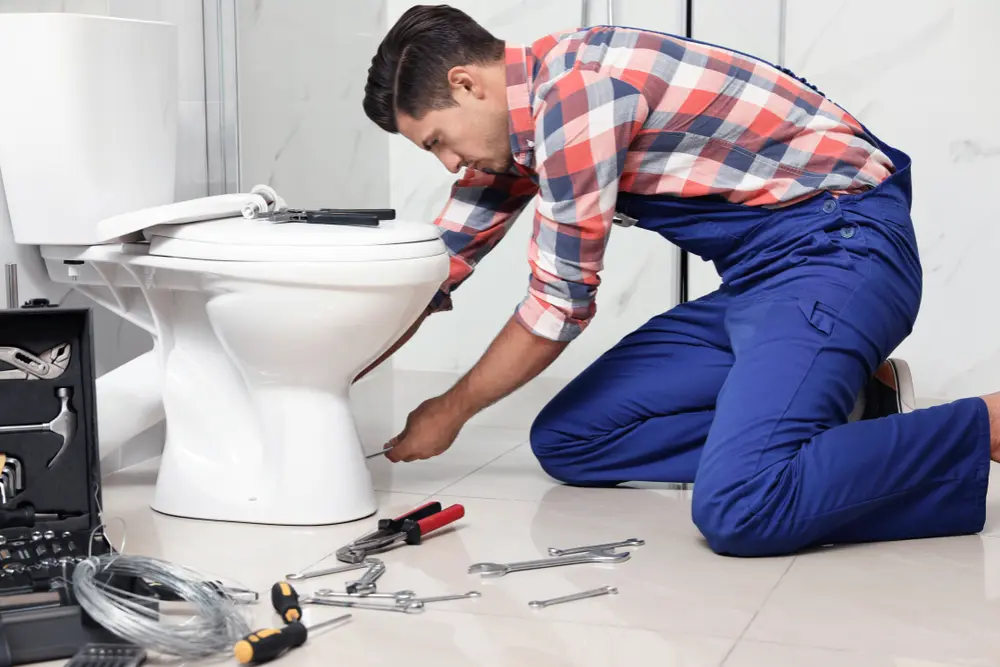 Licensed plumber carefully installing a new toilet in a bathroom renovation project