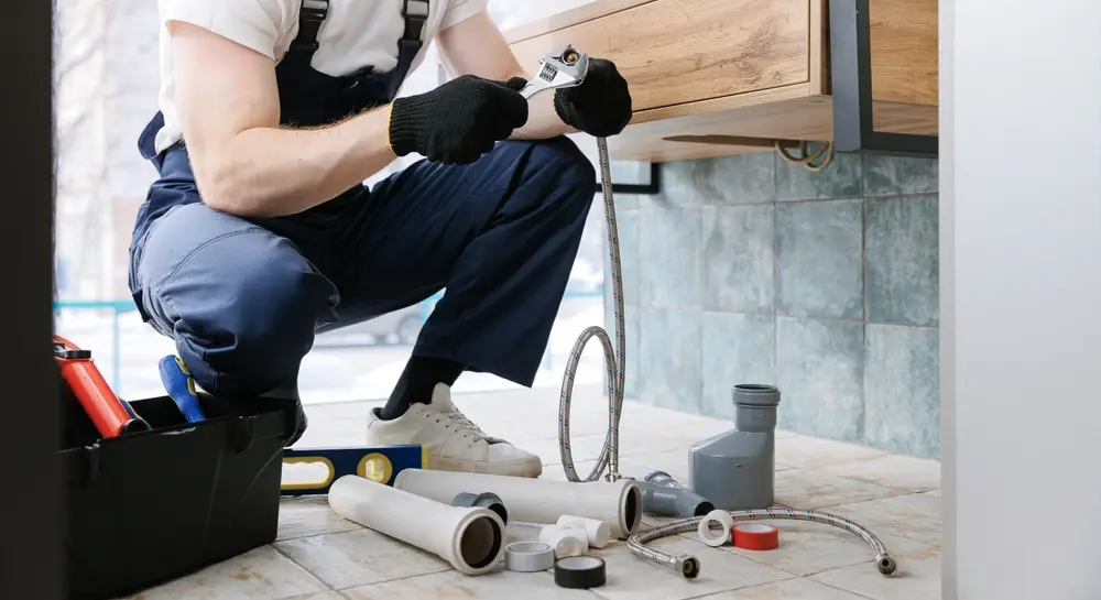 Plumber following detailed installation steps on a job site to ensure code-compliant, clean work
