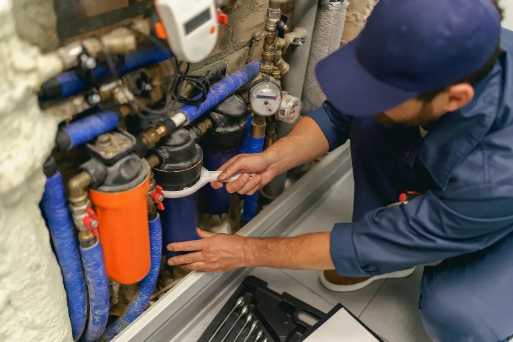 Professional plumber working on a plumbing system in a residential home in Huntsville, ON