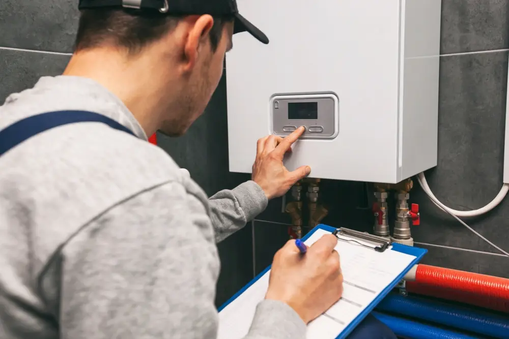 Poly-B Plumbing technician reviewing a detailed inspection report with a homebuyer in North Bay