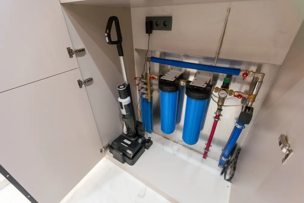 Illustration of contaminants removed by a home water filtration system—chlorine, iron, sulfur, and sediment