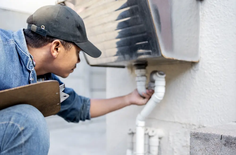 Poly-B Plumbing technician checking water heater and pipework during a pre-purchase inspection in North Bay