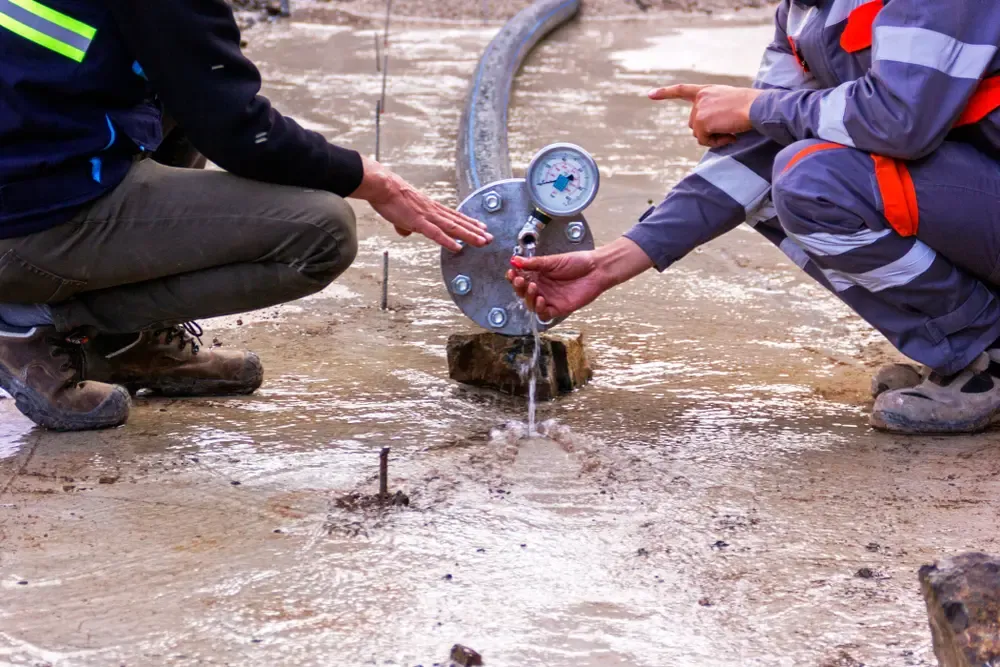 Homeowners, real estate buyers, and rural property owners discussing plumbing pressure testing with a technician